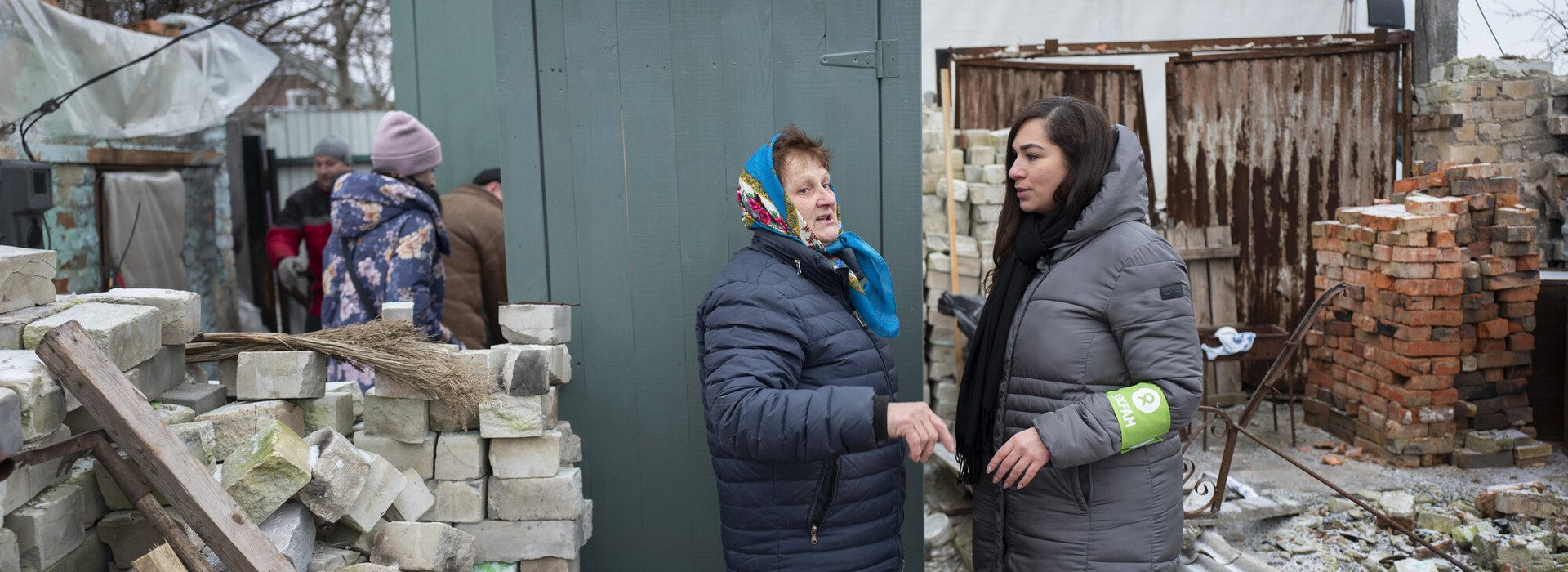 Delivery of an Oxfam latrine to a community damaged by shelling and bombardment in Ukraine