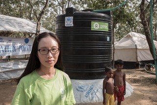 Kate Lee, Humanitarian Programme Officer at Oxfam Hong Kong, inspected the water tanks we built together with our partner organisations, as well as the water purification system in several refugee camps. (Photo: Ko Chung Ming/Oxfam)